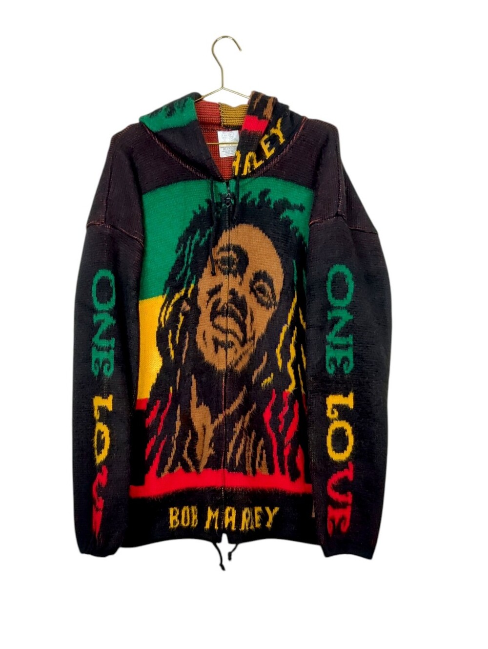 Aya-Huma Handmade Ecuador Bob Marley Rasta Full Zip Hooded Fuzzy Alpaca Wool XL